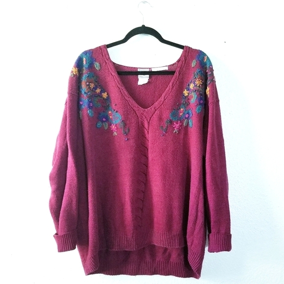 JANTZEN CLASSICS Vintage Vtg 80s Embrodiered Floral Pulliver Sweater 2x XXL - Picture 2 of 13